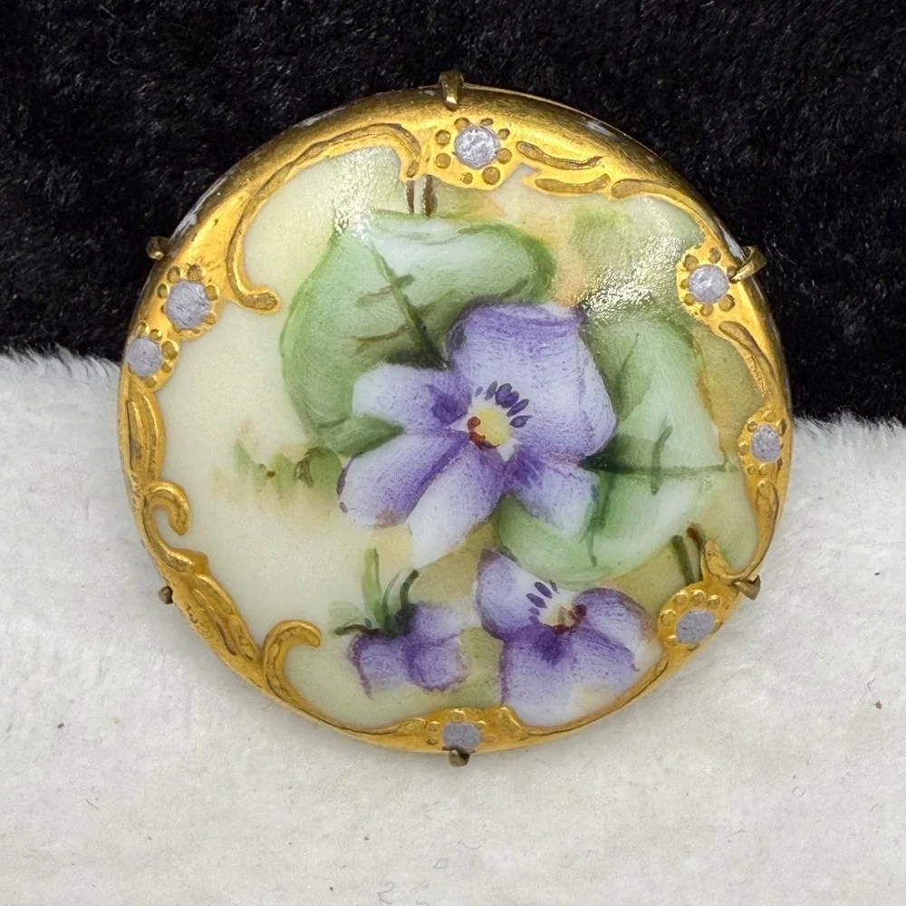 Vintage Victorian Hand Painted Porcelain Brooch Gold Purple Violets
